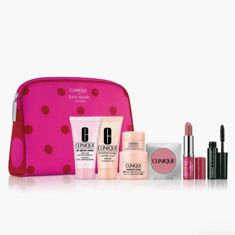 CLINIQUE X KATE SPADE 7p Cleanser Moisture Surge Cream Pop Lipstick Mascara Bag